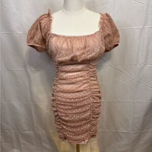 Blashe Blush Pink Swiss Dot Ruched Mesh Mini Dress Puff Sleeve Medium